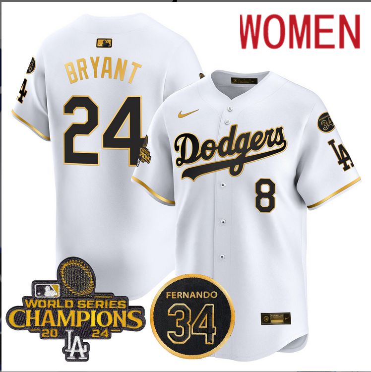 Women MLB Los Angeles Dodgers #24 Bryant white 2024 World Series Champions Patch Limited Jersey style 3